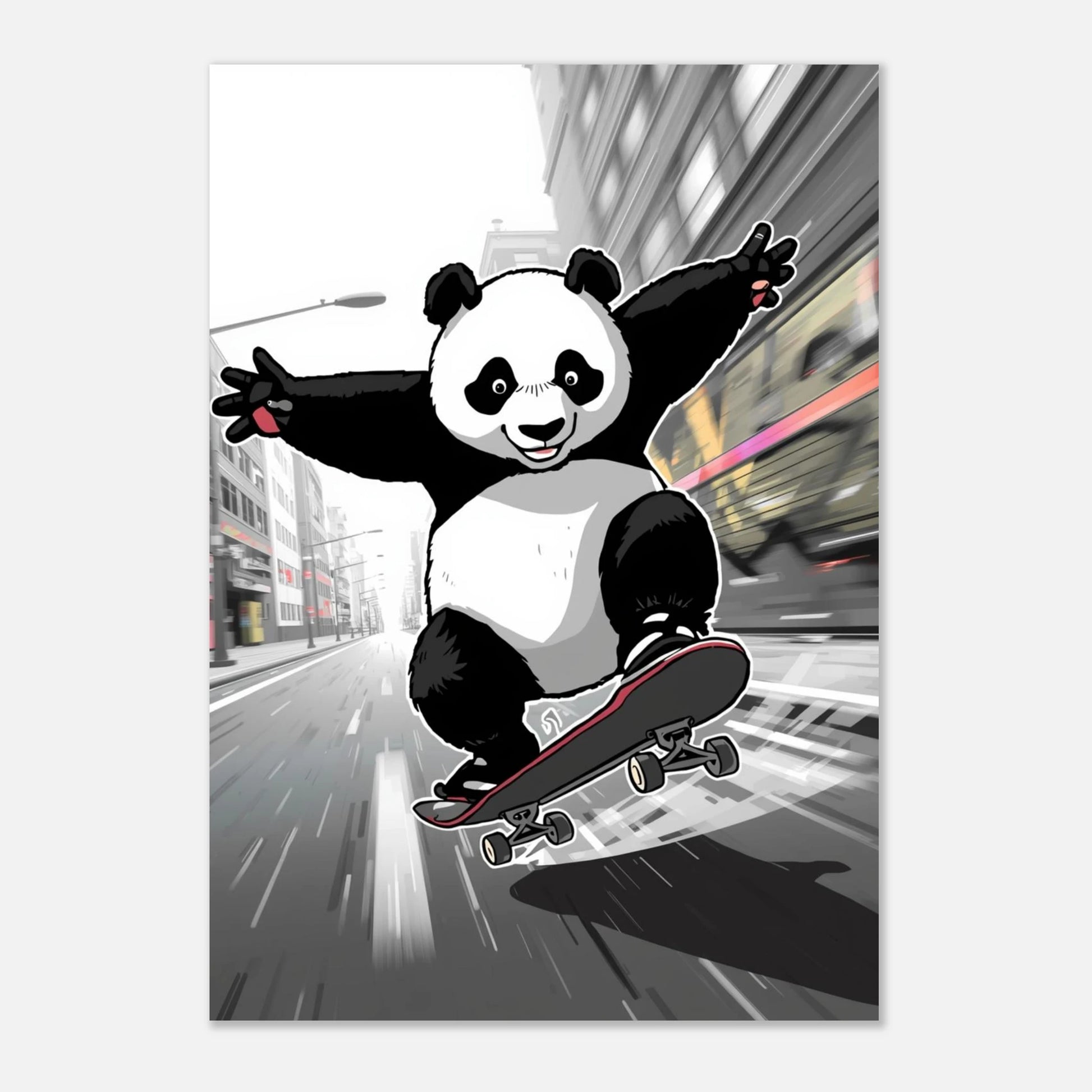 Urbant äventyr med en panda på rullbräda – stiliserat digitalt print