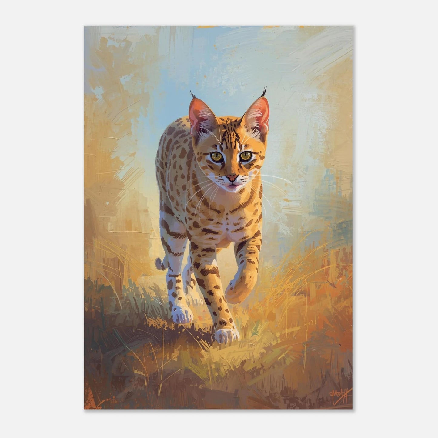 Majestätisk serval i rörelse – konstnärligt print med rika jordnära toner