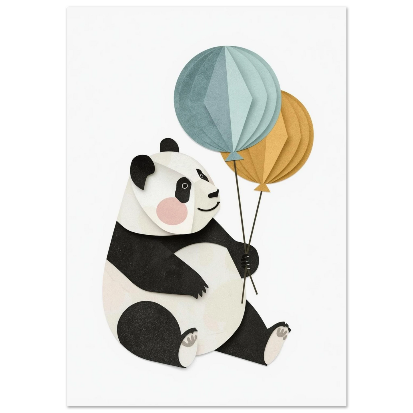 Sittande panda med blå och gula ballonger i papperscollage-stil