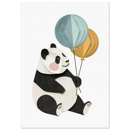 Sittande panda med blå och gula ballonger i papperscollage-stil