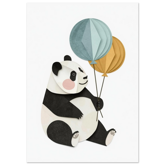 Sittande panda med blå och gula ballonger i papperscollage-stil