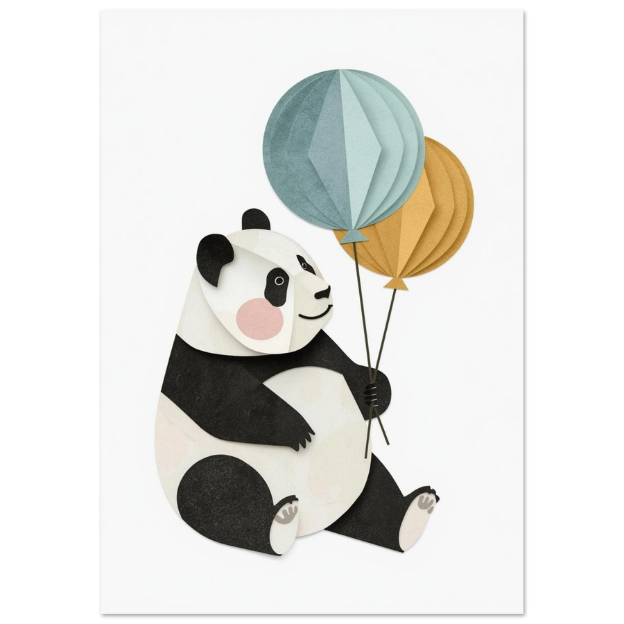 Sittande panda med blå och gula ballonger i papperscollage-stil