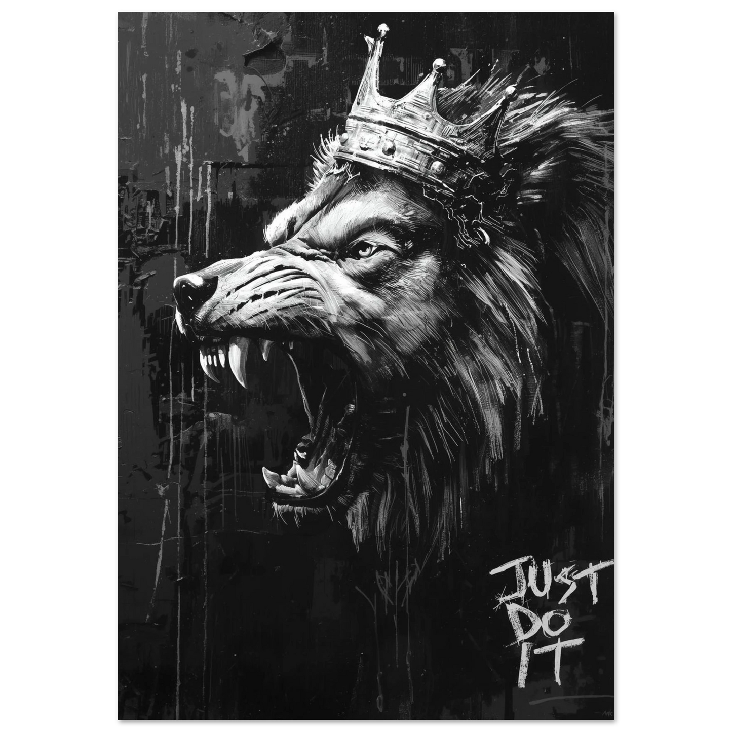 Vrålande varg med krona och lejonman i svartvit streetart-stil – Målad poster