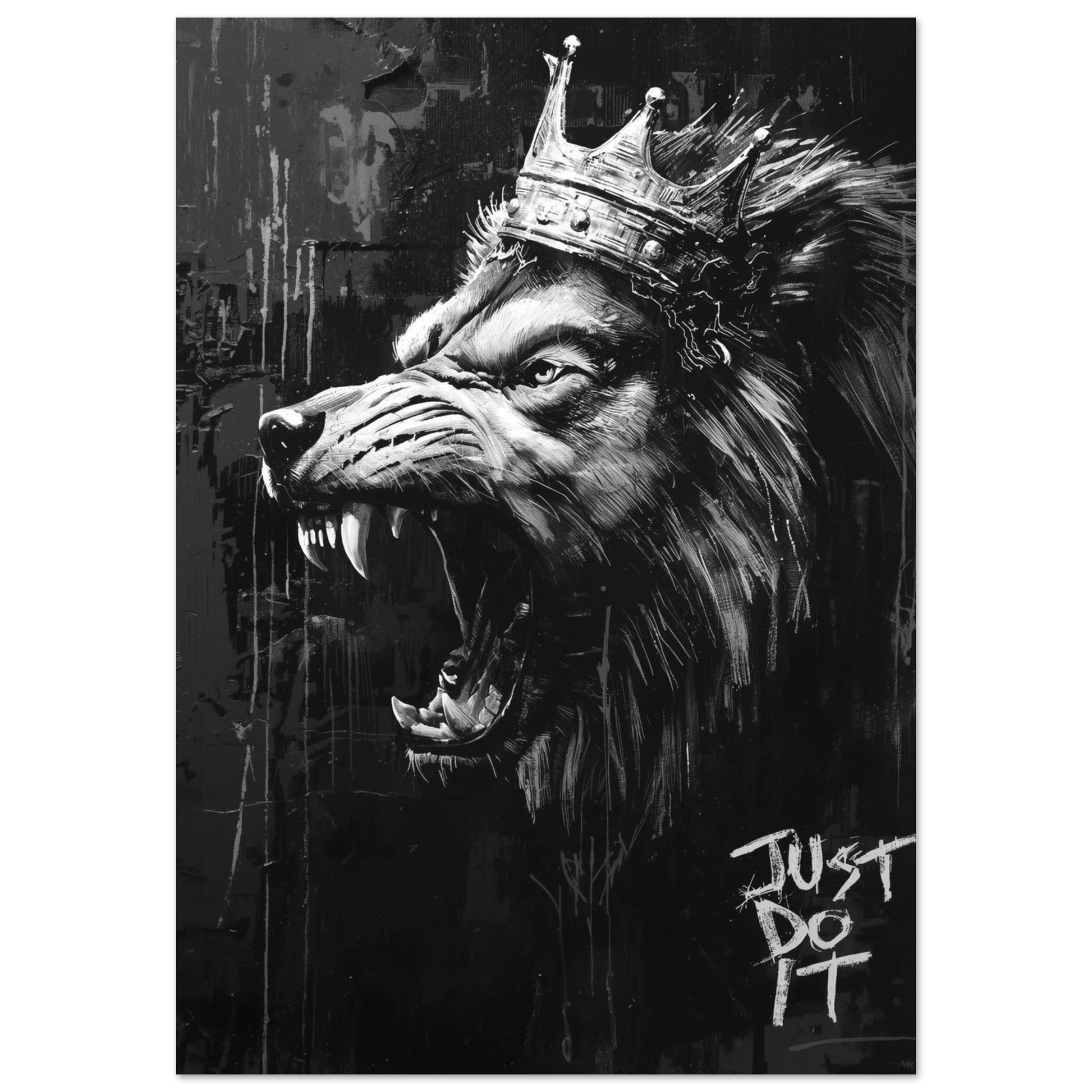 Vrålande varg med krona och lejonman i svartvit streetart-stil – Målad poster