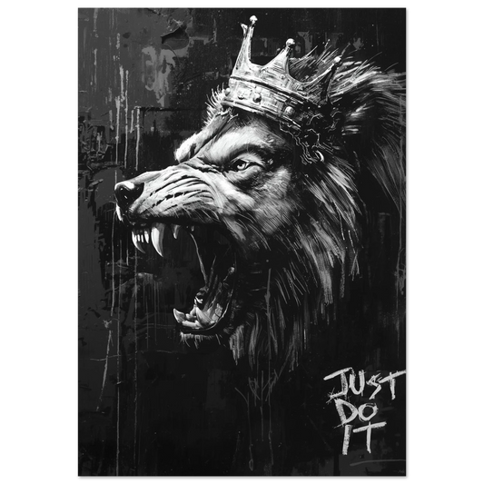 Vrålande varg med krona och lejonman i svartvit streetart-stil – Målad poster