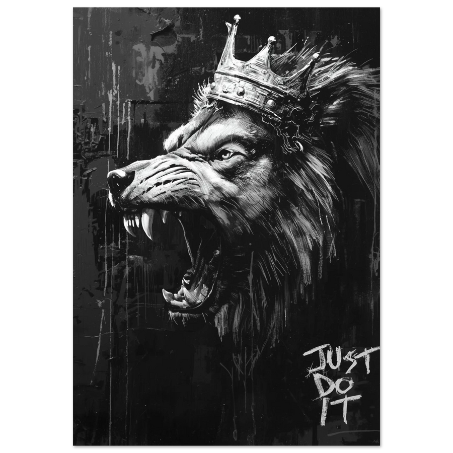 Vrålande varg med krona och lejonman i svartvit streetart-stil – Målad poster