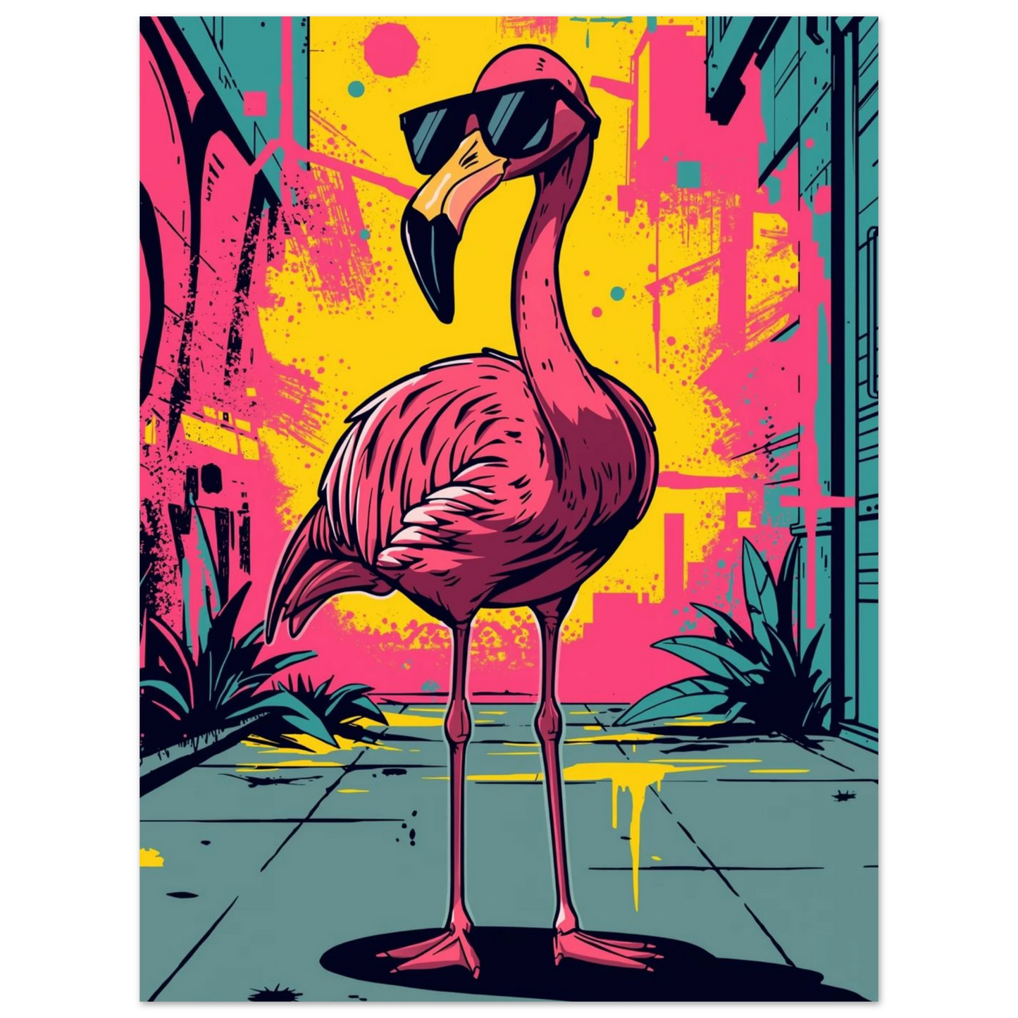 Modern illustration av en flamingo i solglasögon framför graffiti, väggkonst