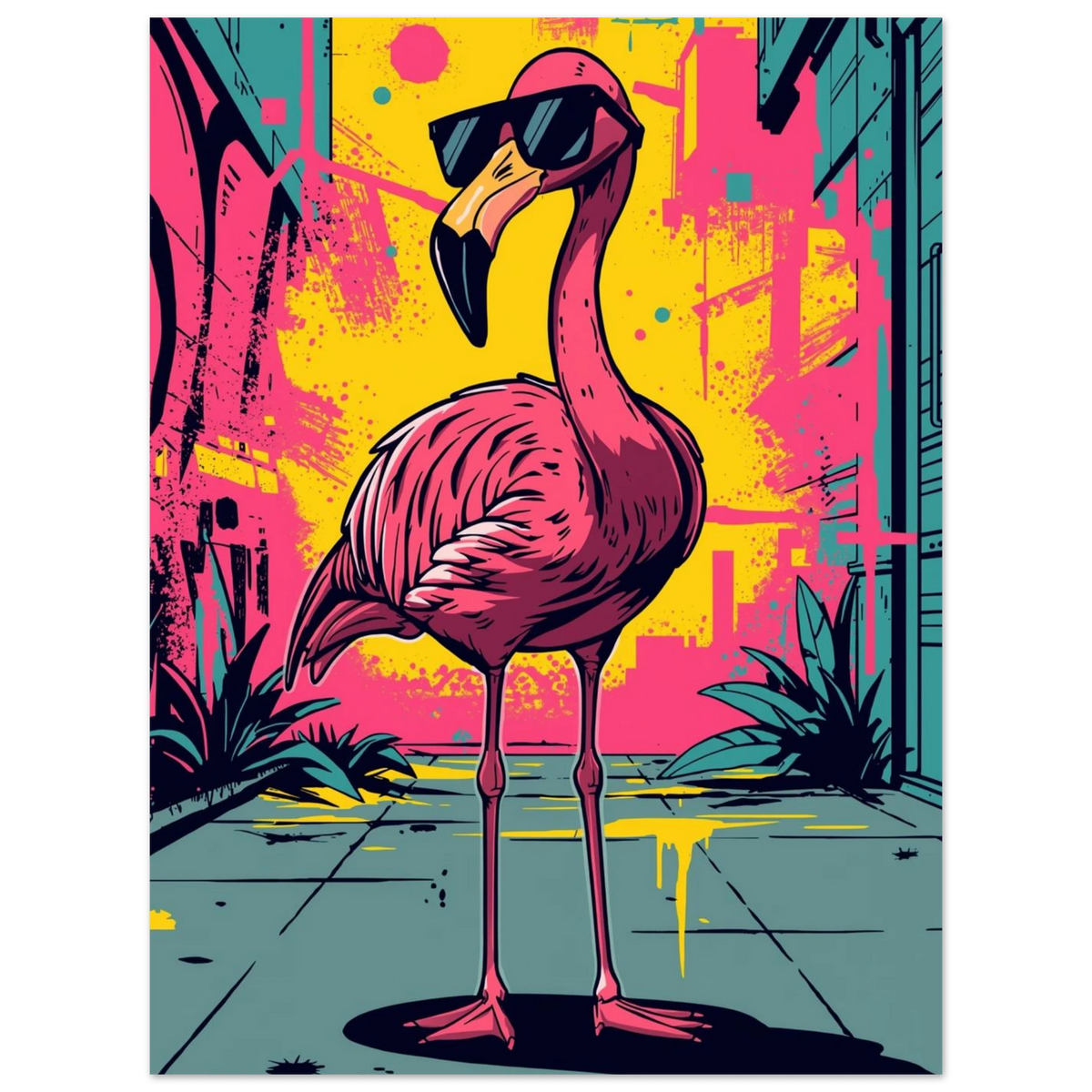 Modern illustration av en flamingo i solglasögon framför graffiti, väggkonst