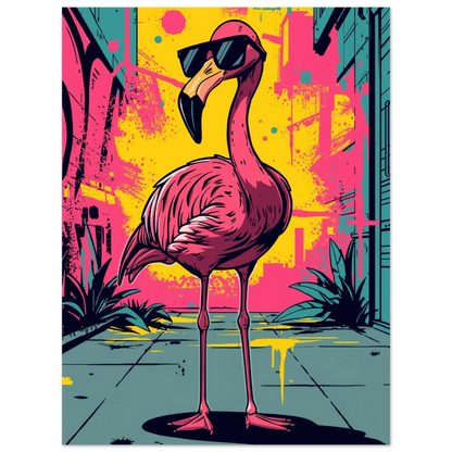 Modern illustration av en flamingo i solglasögon framför graffiti, väggkonst