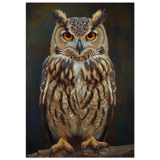 Oljemålning av berguv med intensiv blick på svart bakgrund