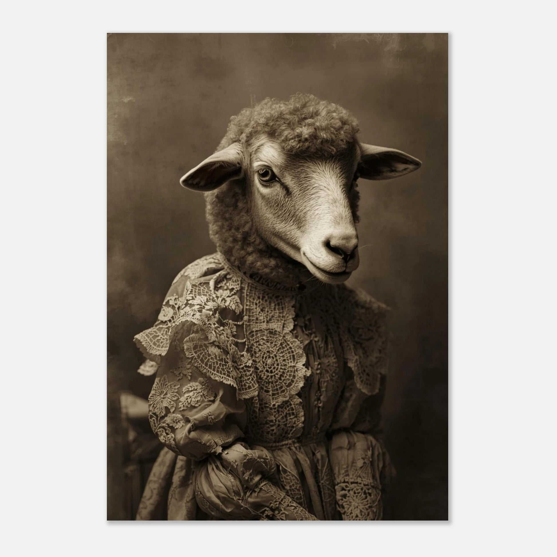 Fotorealistisk sepia-illustration av ett får i en intrikat spetsklänning
