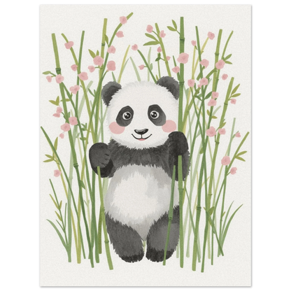 Vänlig jättepanda omgiven av bambu – konstnärligt djurmotiv i pastellfärger