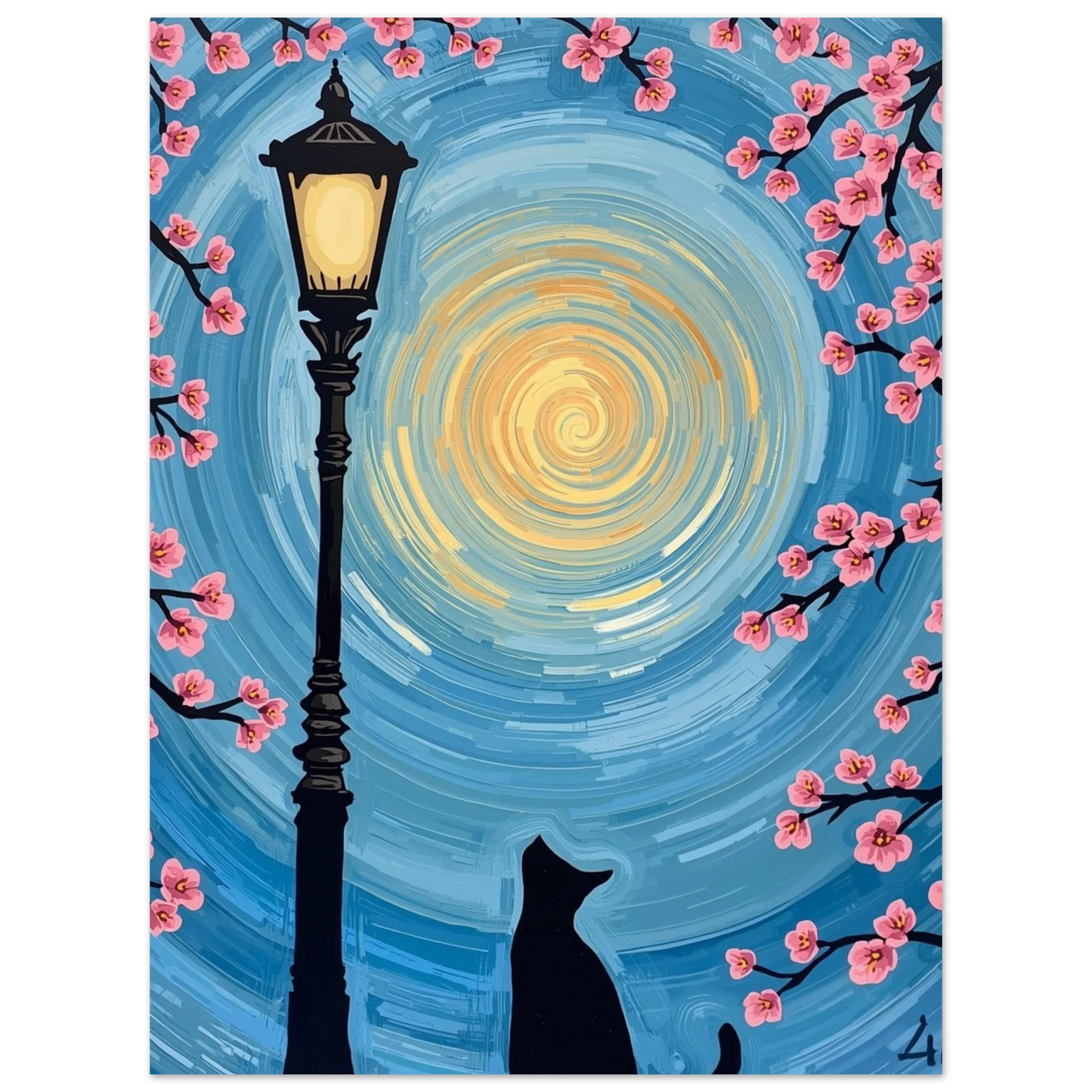 Detaljrik illustration av en katt under en lyktstolpe i nattligt ljus