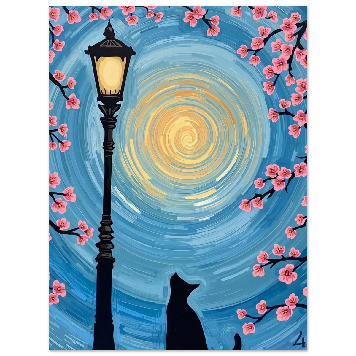 Detaljrik illustration av en katt under en lyktstolpe i nattligt ljus