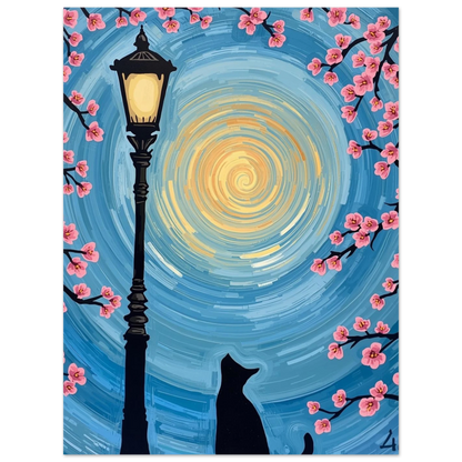 Detaljrik illustration av en katt under en lyktstolpe i nattligt ljus