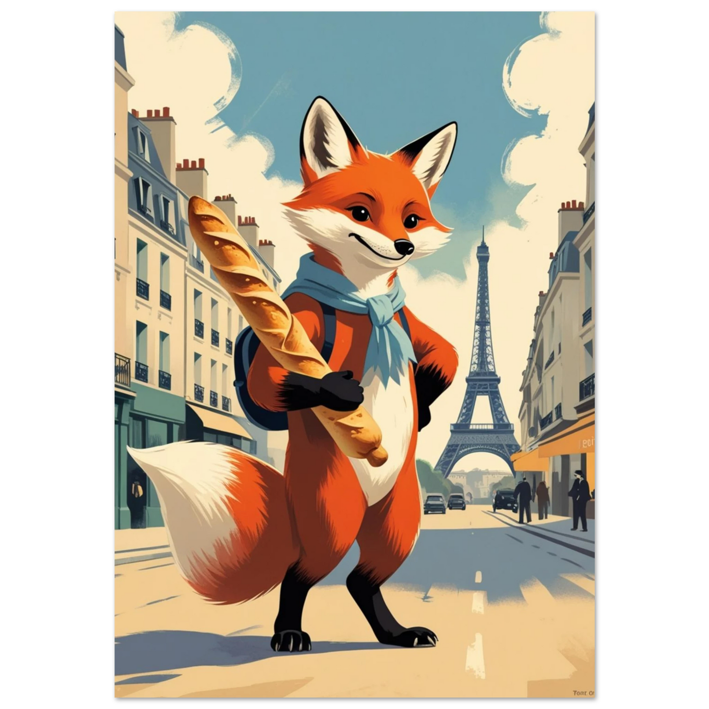 Räv i Paris med baguette och blå scarf – retro reseposter