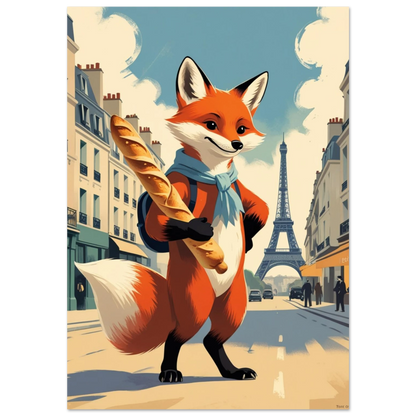 Räv i Paris med baguette och blå scarf – retro reseposter