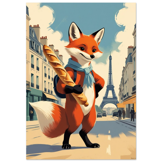 Räv i Paris med baguette och blå scarf – retro reseposter