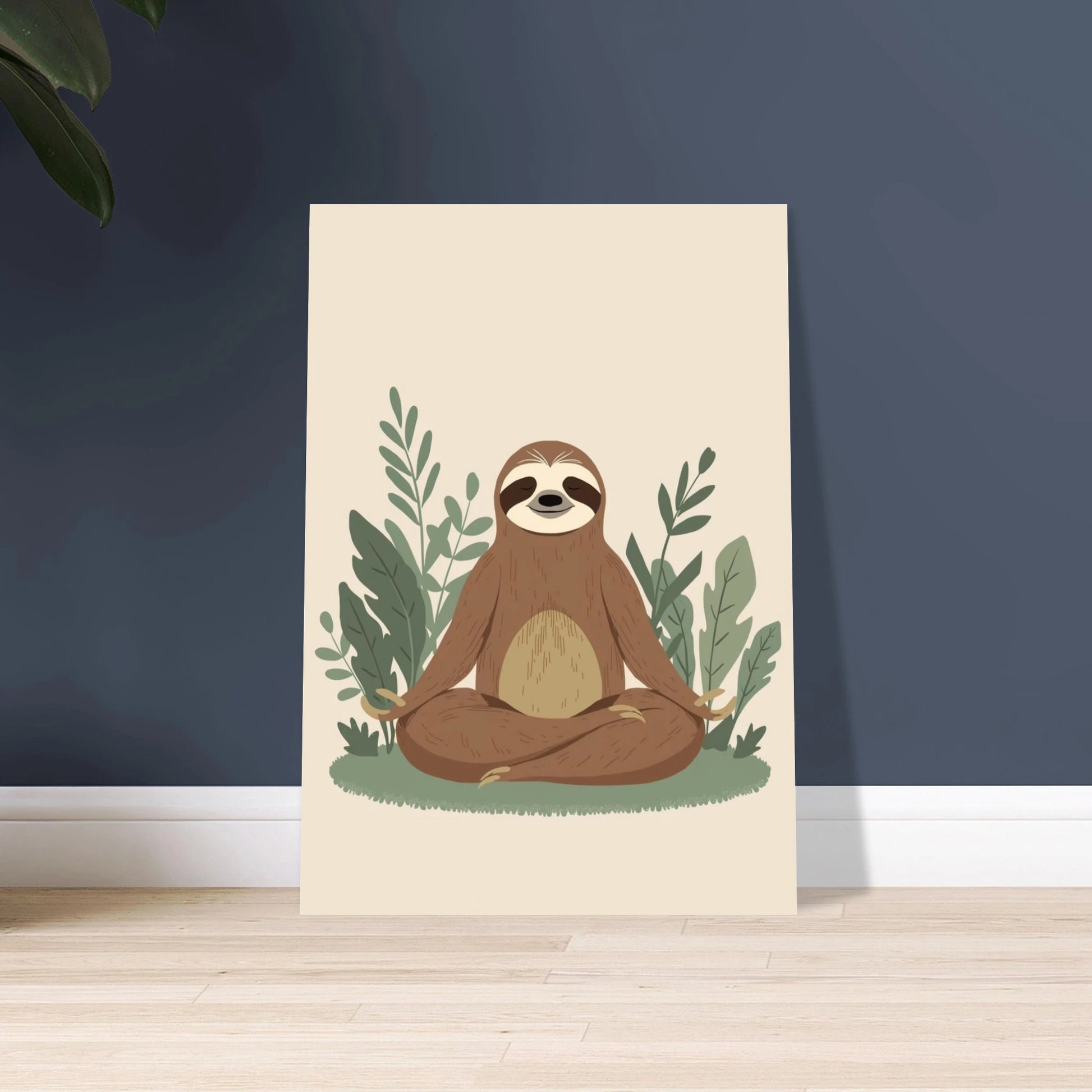 Sengångare i meditation omgiven av gröna blad, lugn stämning.