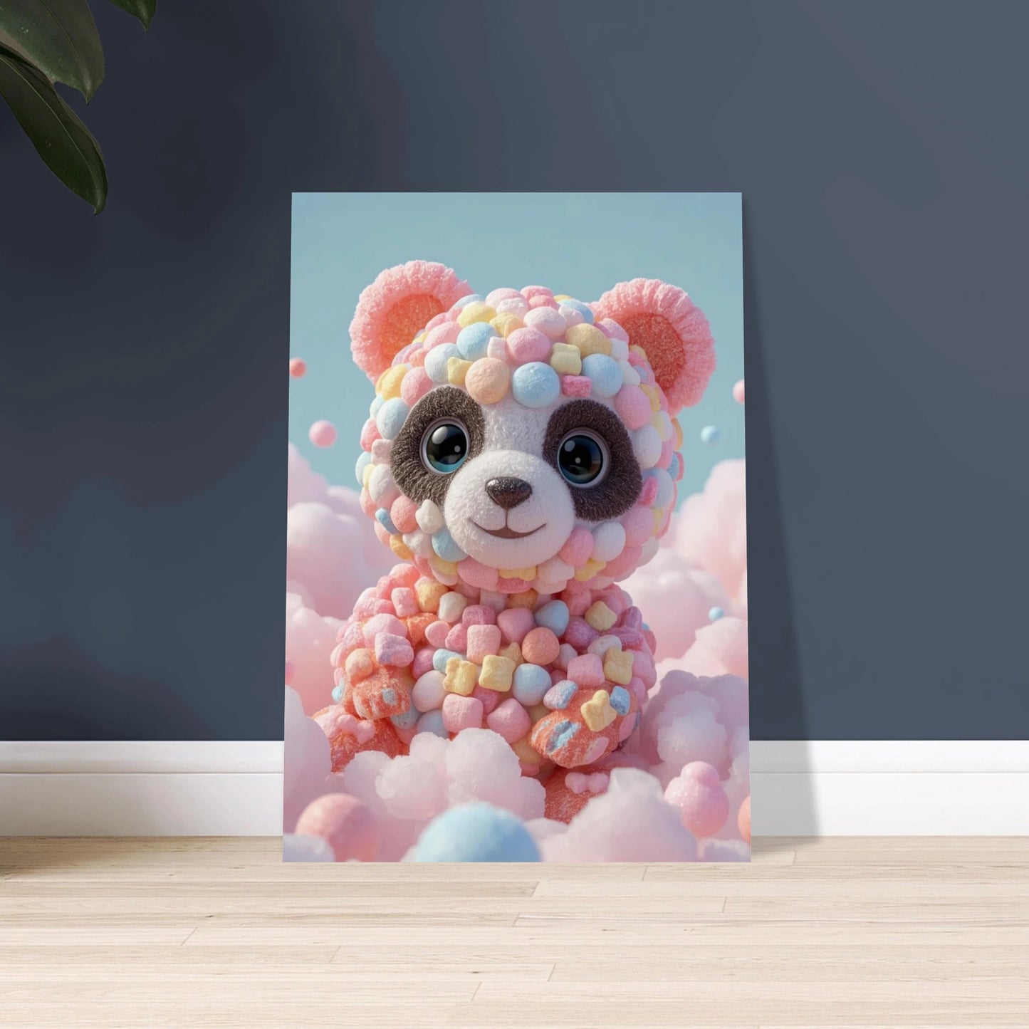 Söt panda gjord av färgglada godisar och marshmallows i sockervaddsmoln.