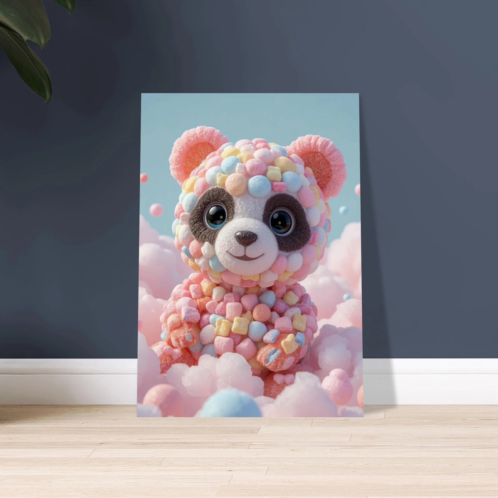 Söt panda gjord av färgglada godisar och marshmallows i sockervaddsmoln.