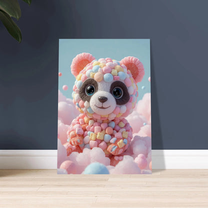 Söt panda gjord av färgglada godisar och marshmallows i sockervaddsmoln.