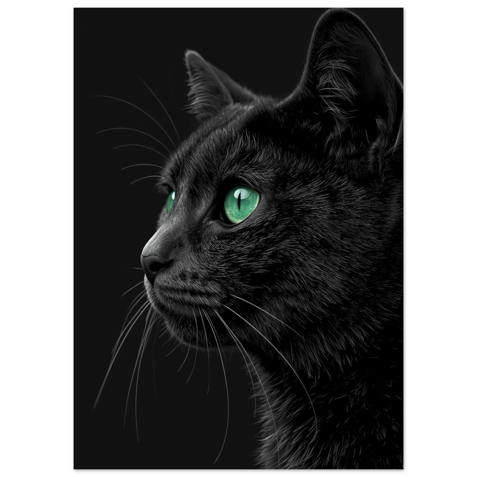 Närbild på en svart katts ansikte med gröna ögon som tittar åt sidan – Fotorealistisk poster