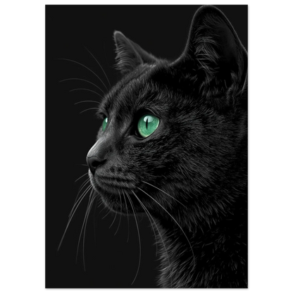 Närbild på en svart katts ansikte med gröna ögon som tittar åt sidan – Fotorealistisk poster