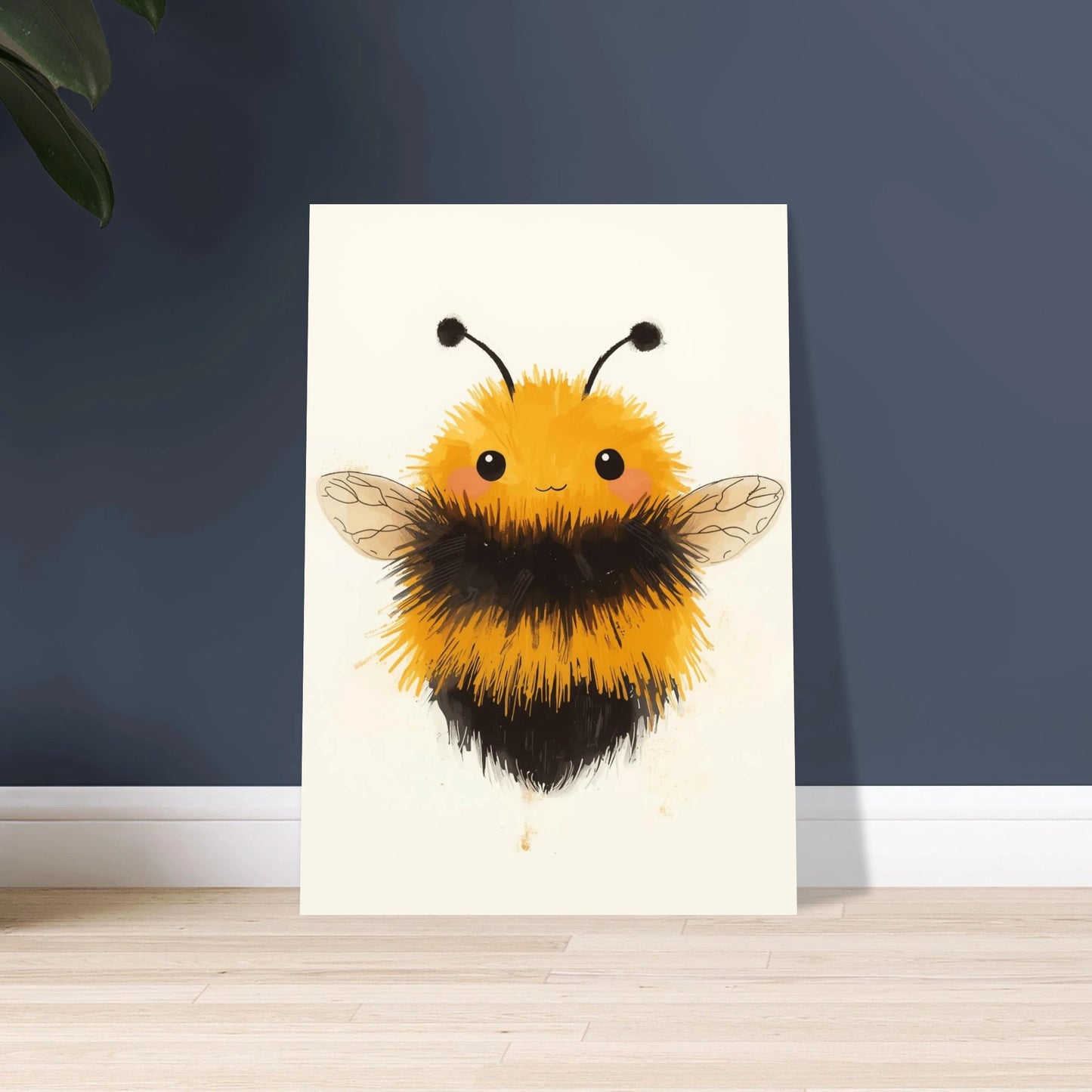 Söt fluffig humla i gouache-stil med stora ögon