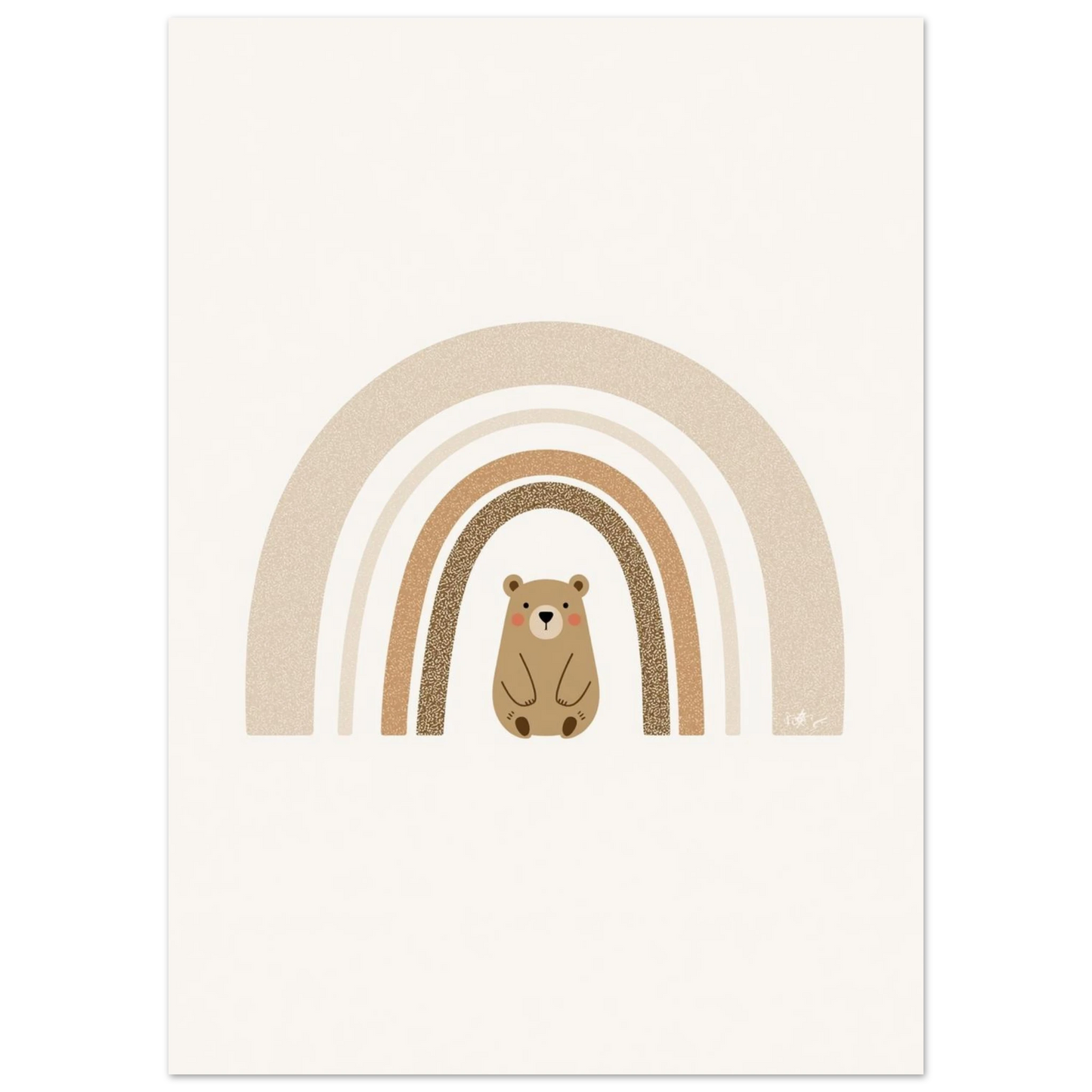 Närbild på björnillustration med regnbåge i bruna och beige toner
