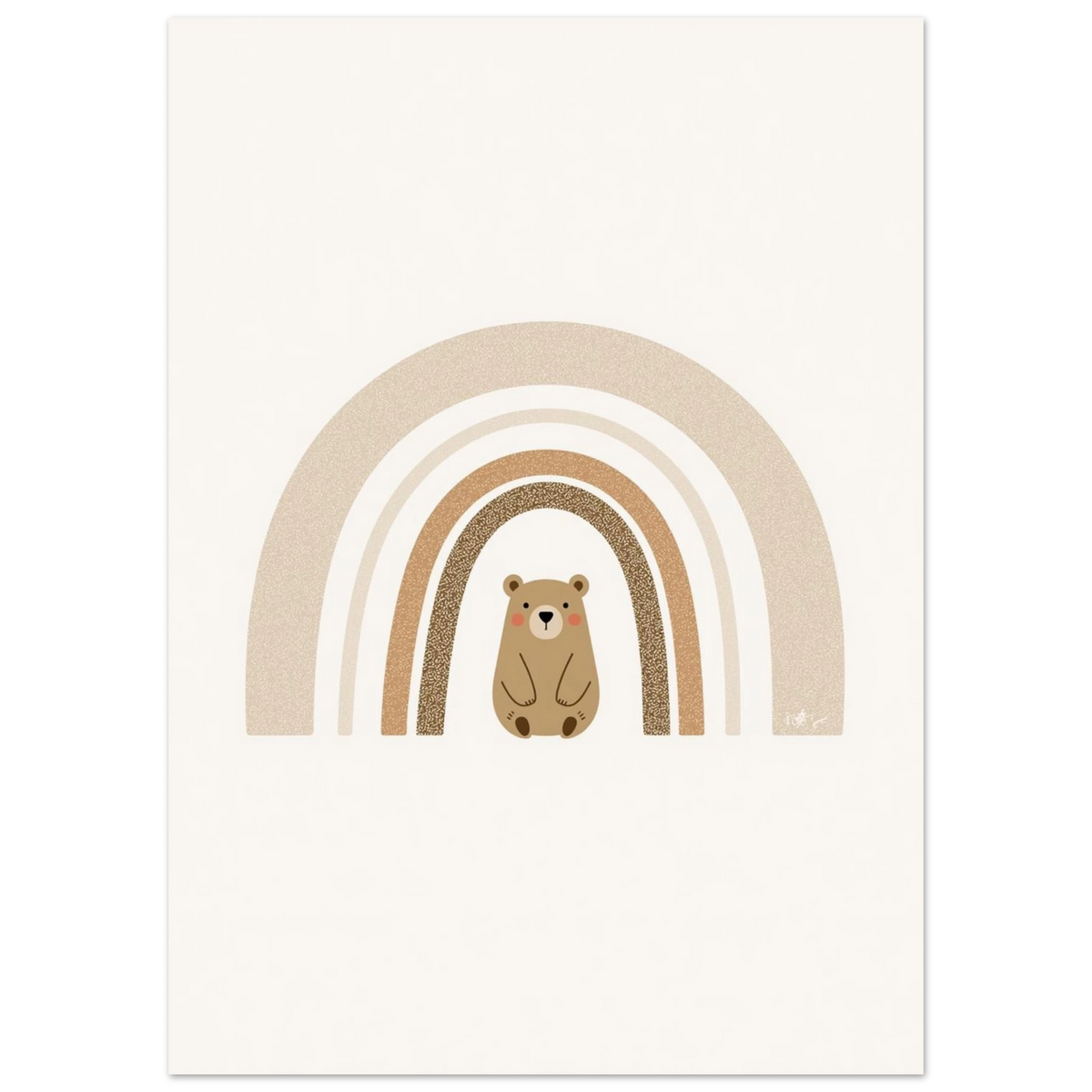 Närbild på björnillustration med regnbåge i bruna och beige toner