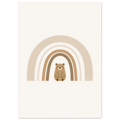 Närbild på björnillustration med regnbåge i bruna och beige toner