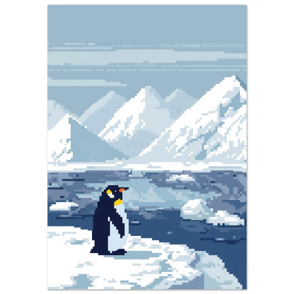 Pixel art pingvin på isflak framför snötäckta berg – blåvit djurposter