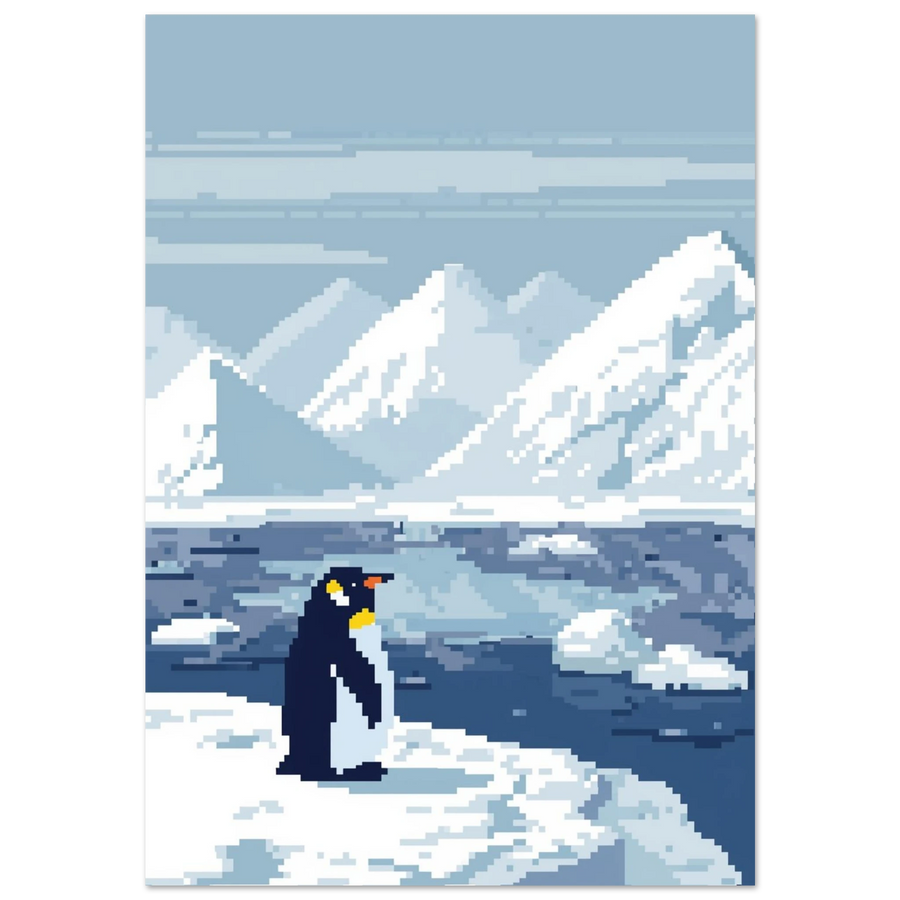 Pixel art pingvin på isflak framför snötäckta berg – blåvit djurposter