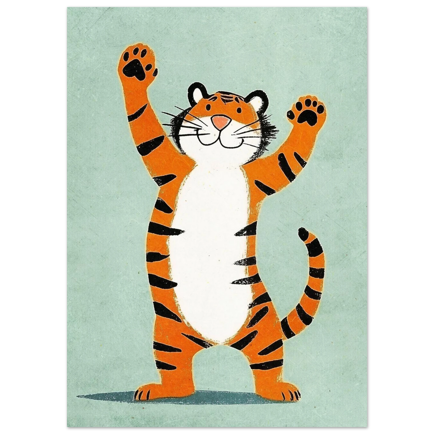 Stående tiger med ränder och vit mage i lekfull stil, djurposter
