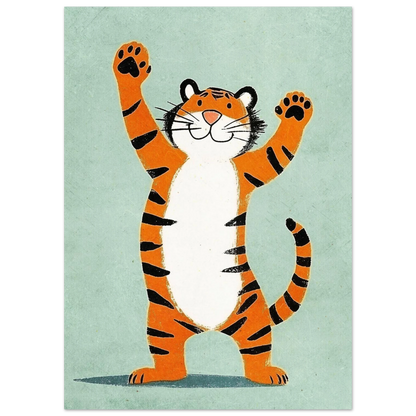 Stående tiger med ränder och vit mage i lekfull stil, djurposter