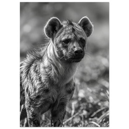 Naturfotografi av hyena i profil med mönstrad päls, svartvitt