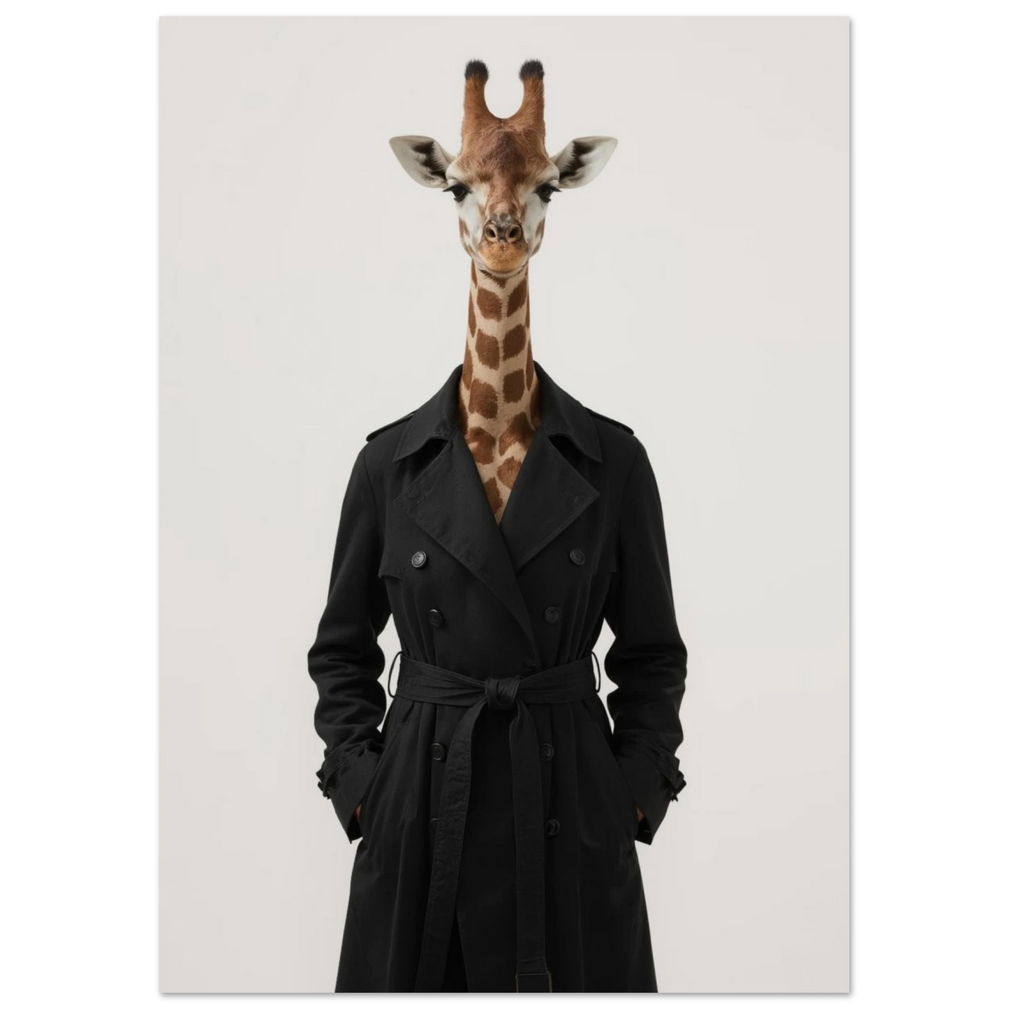 Surrealistiskt porträtt av giraff i elegant trenchcoat, minimalistisk fotoposter
