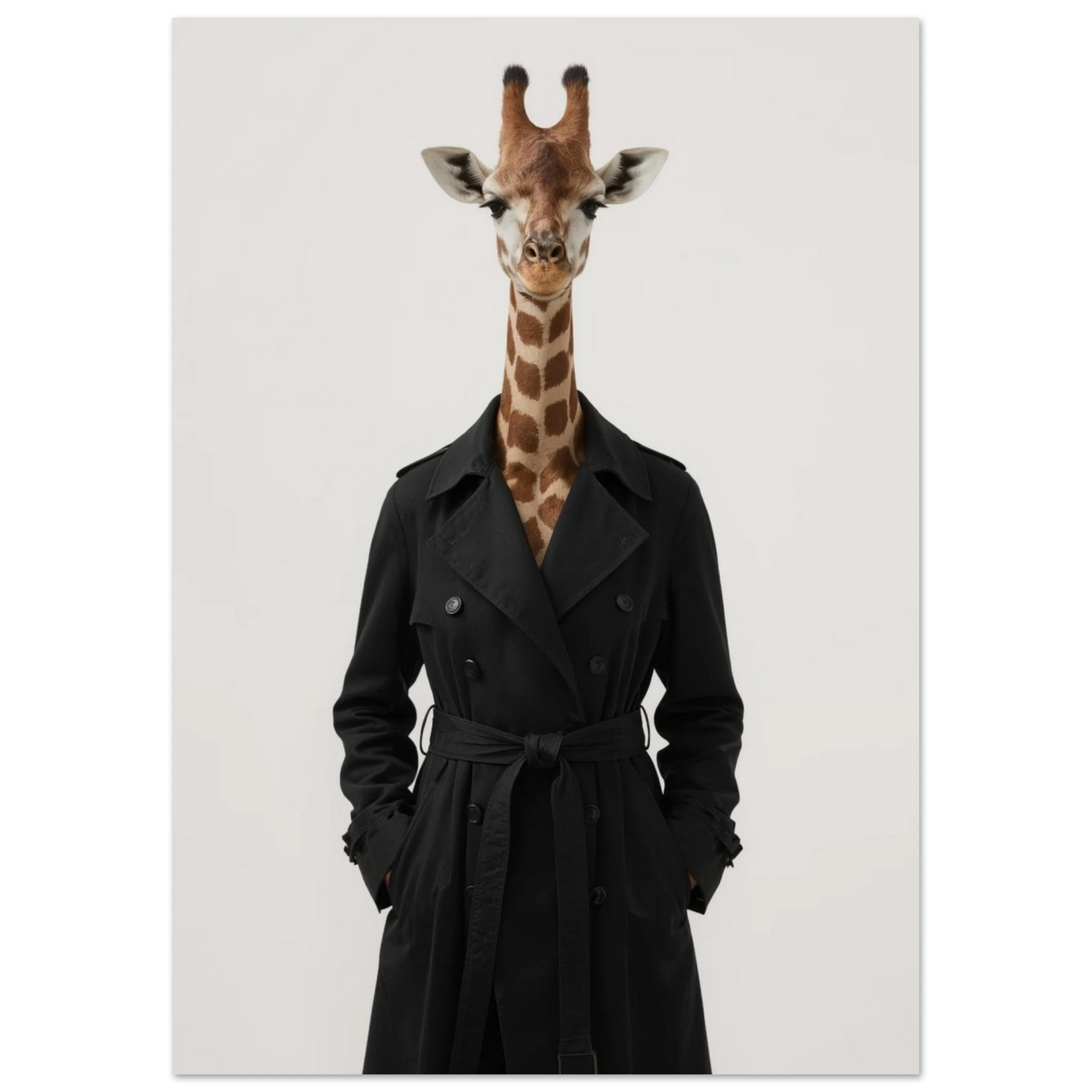 Surrealistiskt porträtt av giraff i elegant trenchcoat, minimalistisk fotoposter