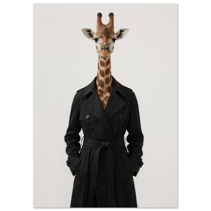 Surrealistiskt porträtt av giraff i elegant trenchcoat, minimalistisk fotoposter