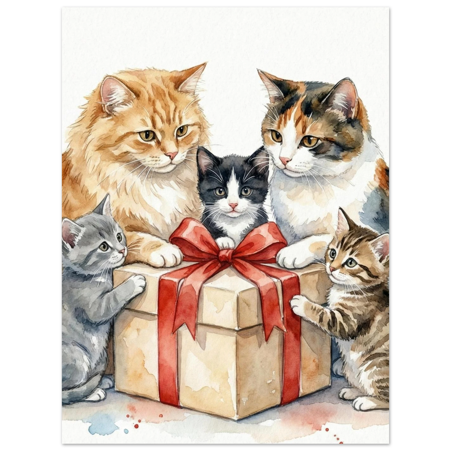 Detaljerad akvarell av nyfikna kattungar och vuxna katter med julklapp