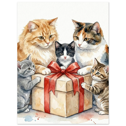 Detaljerad akvarell av nyfikna kattungar och vuxna katter med julklapp