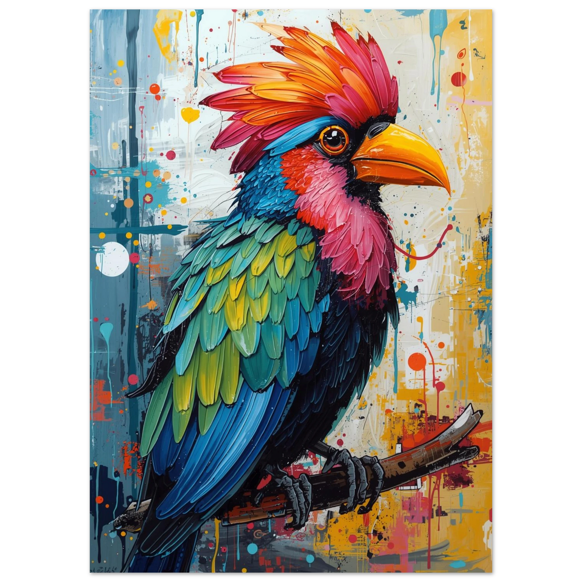 Närbild av en konstnärlig papegojposter med tjocka penseldrag och livfulla kontraster