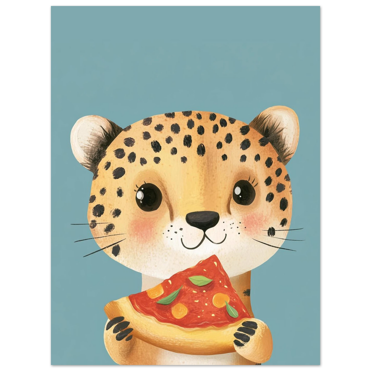 Charmigt djurmotiv med en gepard som äter pizza, modern väggkonst