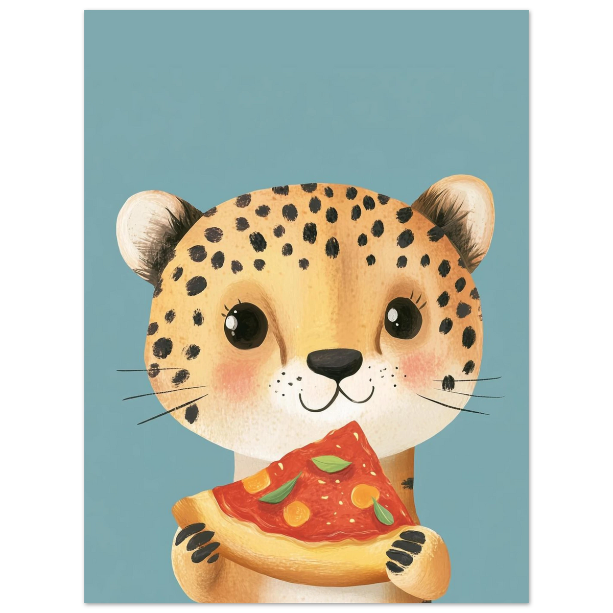 Charmigt djurmotiv med en gepard som äter pizza, modern väggkonst