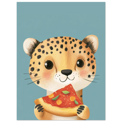 Charmigt djurmotiv med en gepard som äter pizza, modern väggkonst