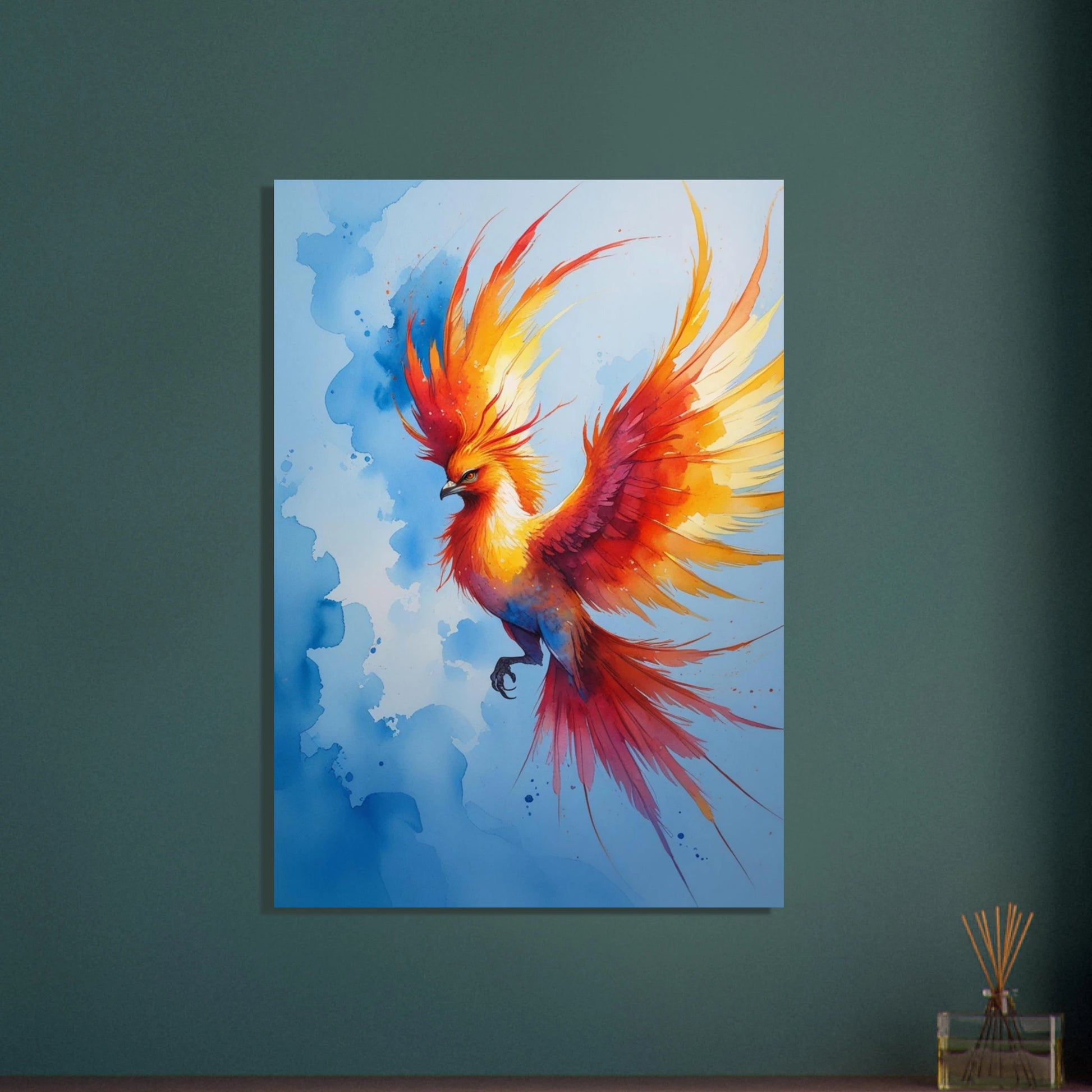 Fenix fågel i eldiga färger mot blå himmel, akvarellkonst.