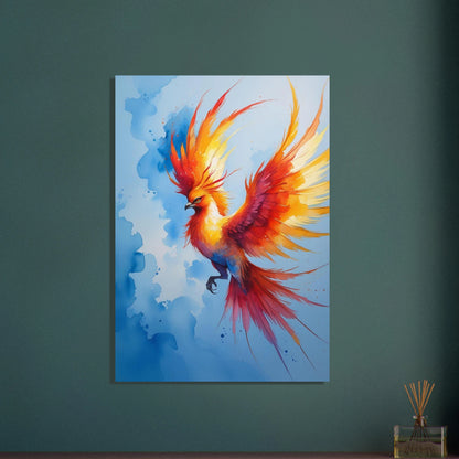 Fenix fågel i eldiga färger mot blå himmel, akvarellkonst.