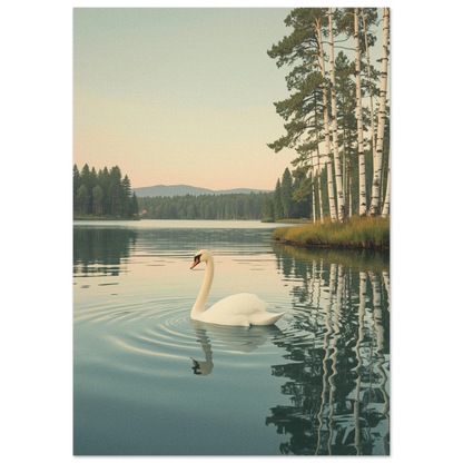 Nostalgisk naturposter med svan och björkskog, inramad av svart bakgrund