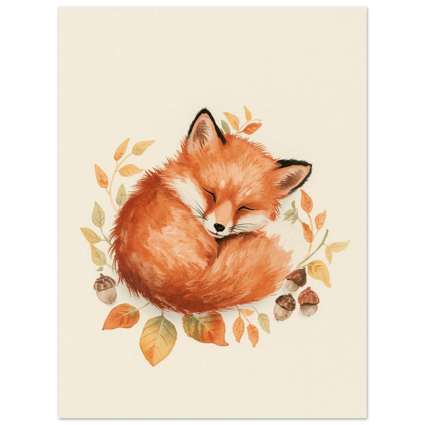Akvarellposter med rävmotiv i varma orangea och beigea färgtoner